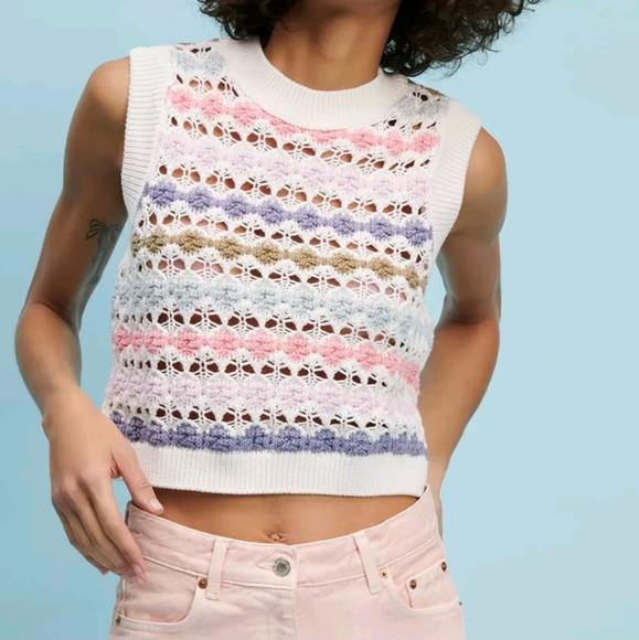 Zara Open Knit Pastel Crochet Sweater Vest Cropped Light Academia Preppy Boho